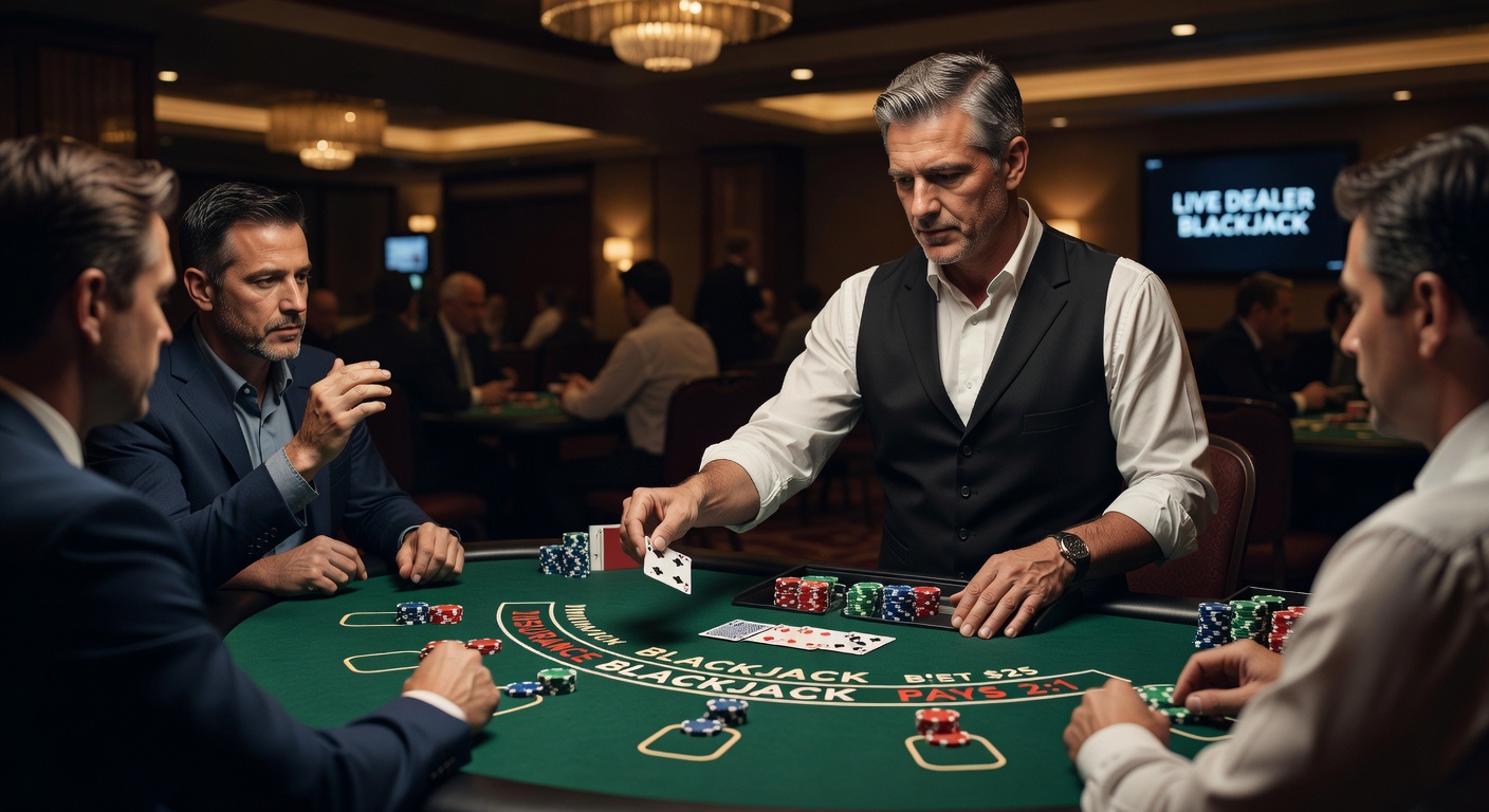 Close-up of a dealer's hands revealing a subtle card flash during a live blackjack deal, with players at the table intently watching