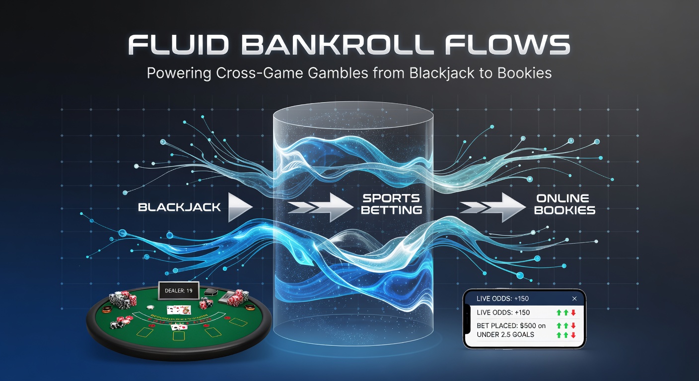 Dynamic graphic showing bankroll streams branching from a central pot into blackjack hands, roulette wheels, and sports event icons, highlighting strategic allocation in real-time gambling scenarios