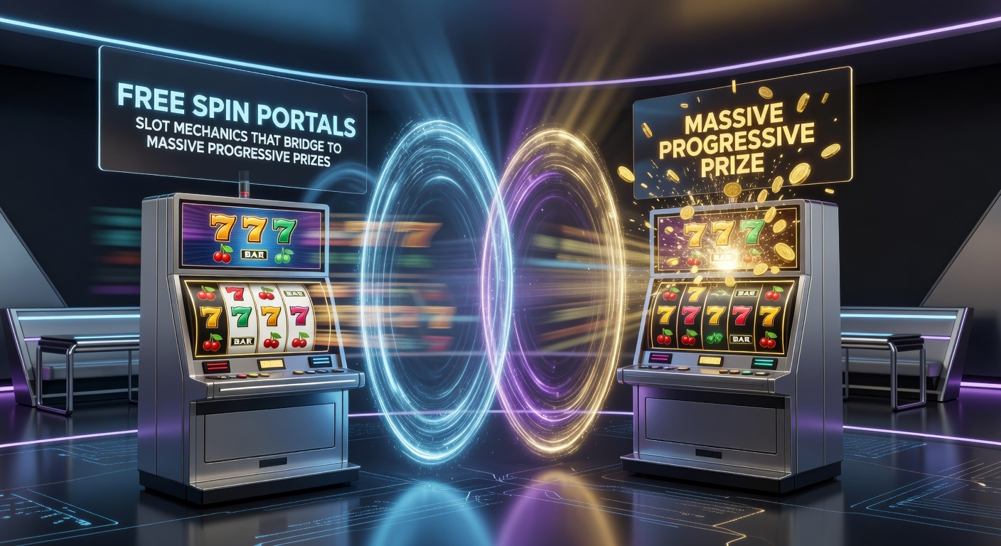 Close-up of a slot game's free spin portal activation, showing cascading symbols and rising progressive jackpot meters in neon lights