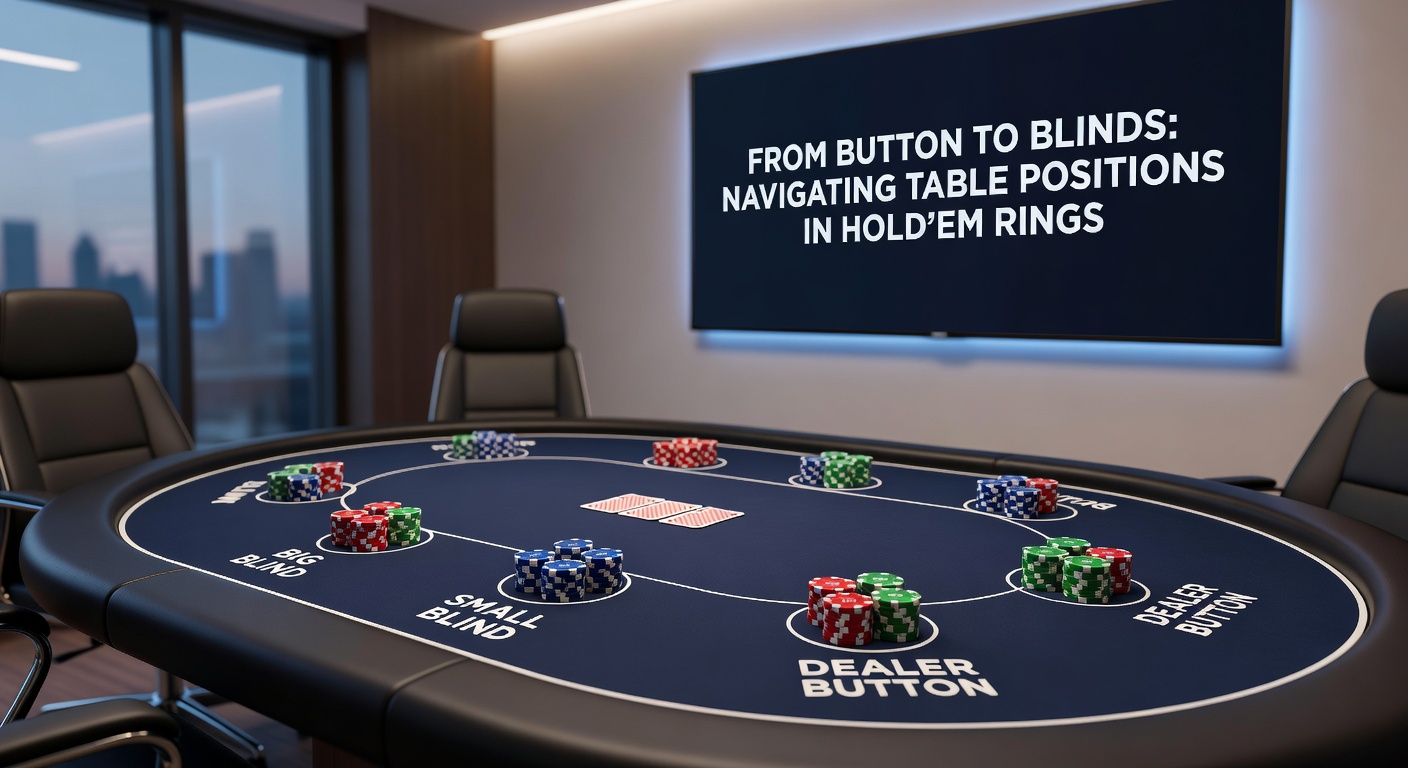 Close-up of late position seats at a vibrant Hold'em ring table, with chips in play and dealer button clearly marked for strategic emphasis