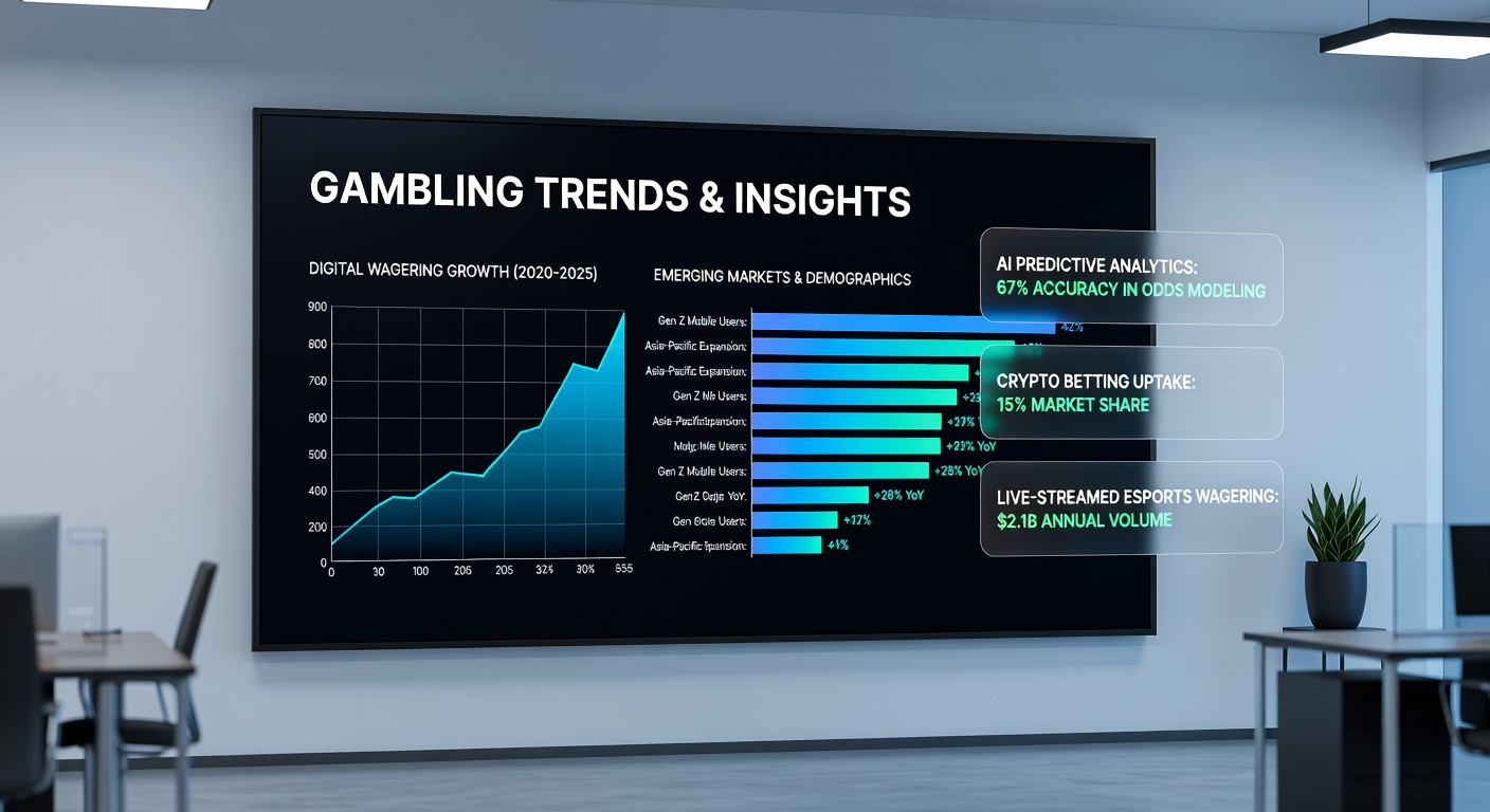 Graph charts and global maps illustrating rising gambling revenues and regional hotspots in 2026