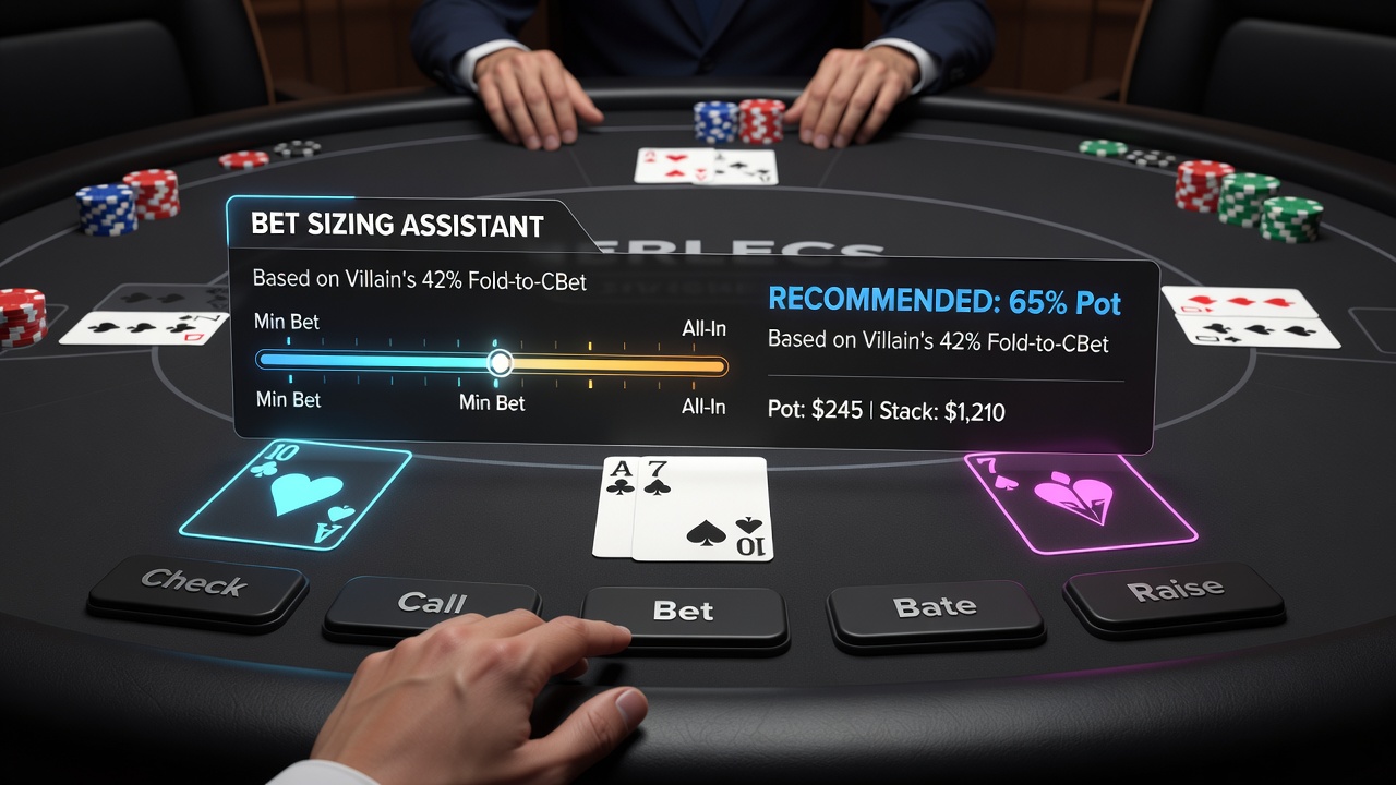 Close-up of poker software showing pot odds display and bet history panel