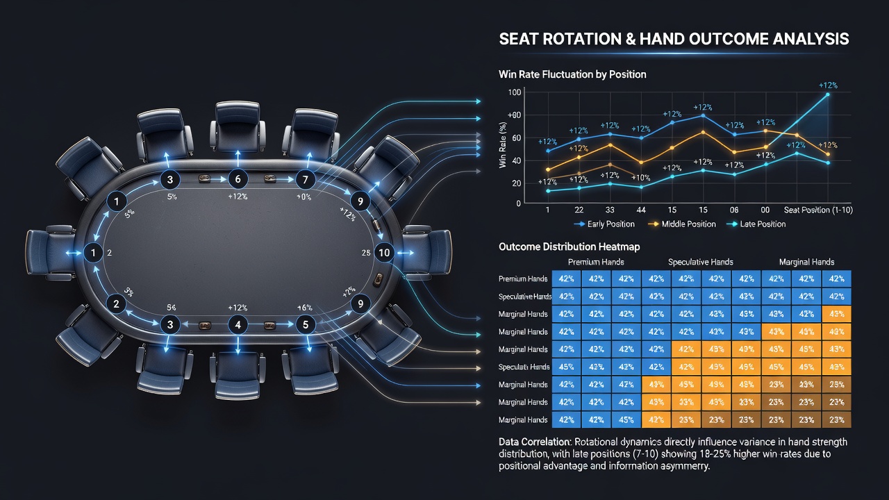 Detailed view of poker chips and cards arranged by table position with rotation arrows indicating seat movement patterns
