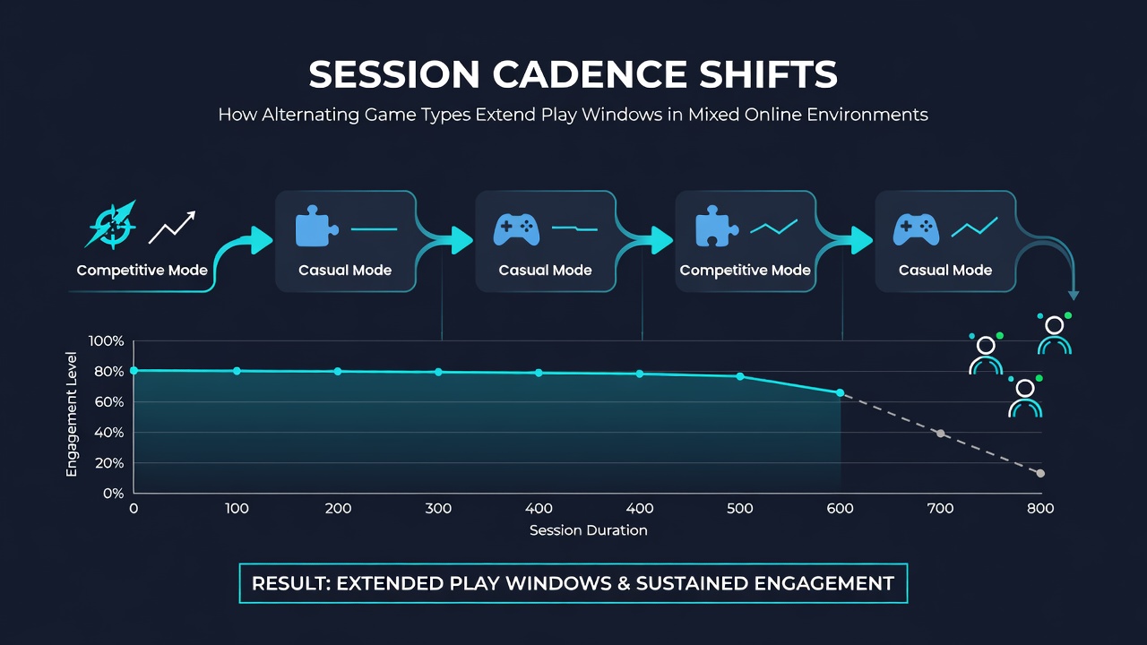 Analytics dashboard showing extended play windows when users alternate between game categories on a mixed online platform
