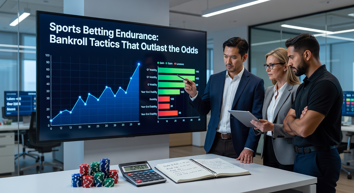 A sports bettor reviewing bankroll charts on a laptop during a live game, surrounded by multiple screens showing odds and stats