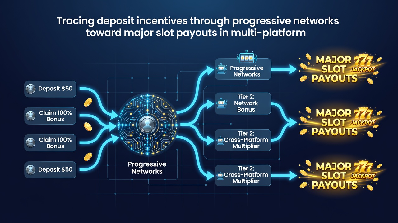 Flowchart illustrating progressive jackpot contributions moving from player deposits through multi-platform networks to final payouts